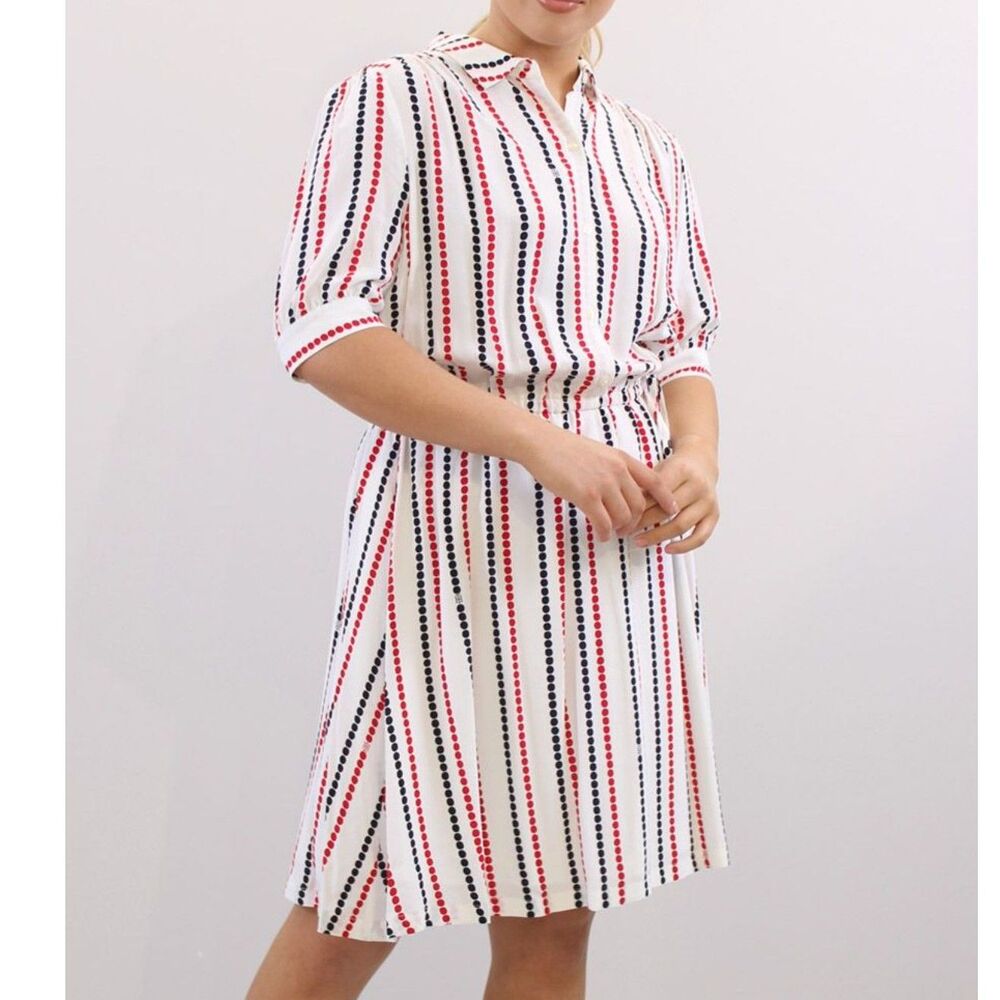 Women's White Stripe Shirt Dress with Red & Navy Dots